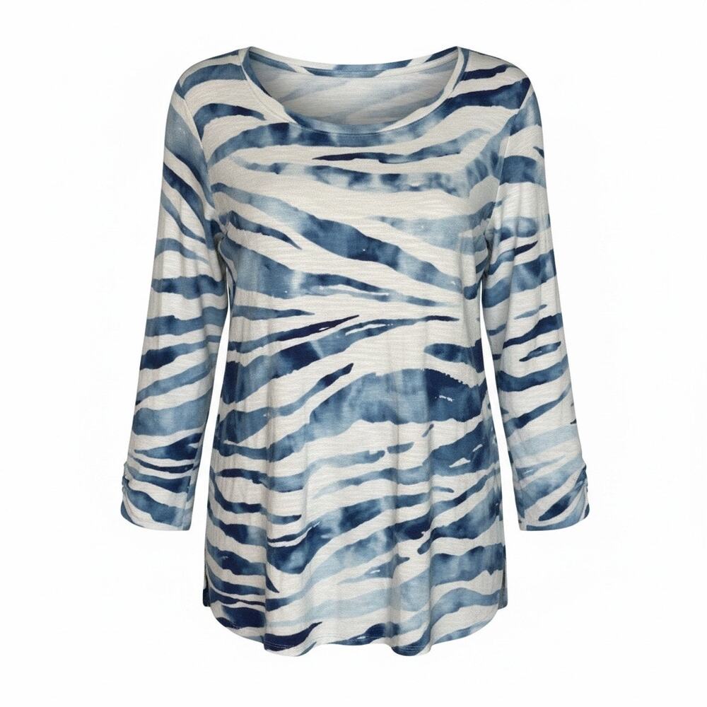 Tommy Bahama Blue White Zebra Print Knit Top Soft Lightweight Relaxed Fit Size L